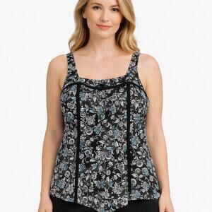 Fit 4 U Floral Print Tankini Swim Top Size 10 Black White Blue Supportive